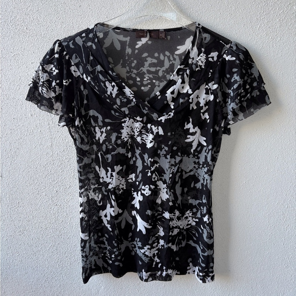 The Limited Medium Black Floral Sheer V Neck Short Sleeves Goth‎ Fairy Grunge